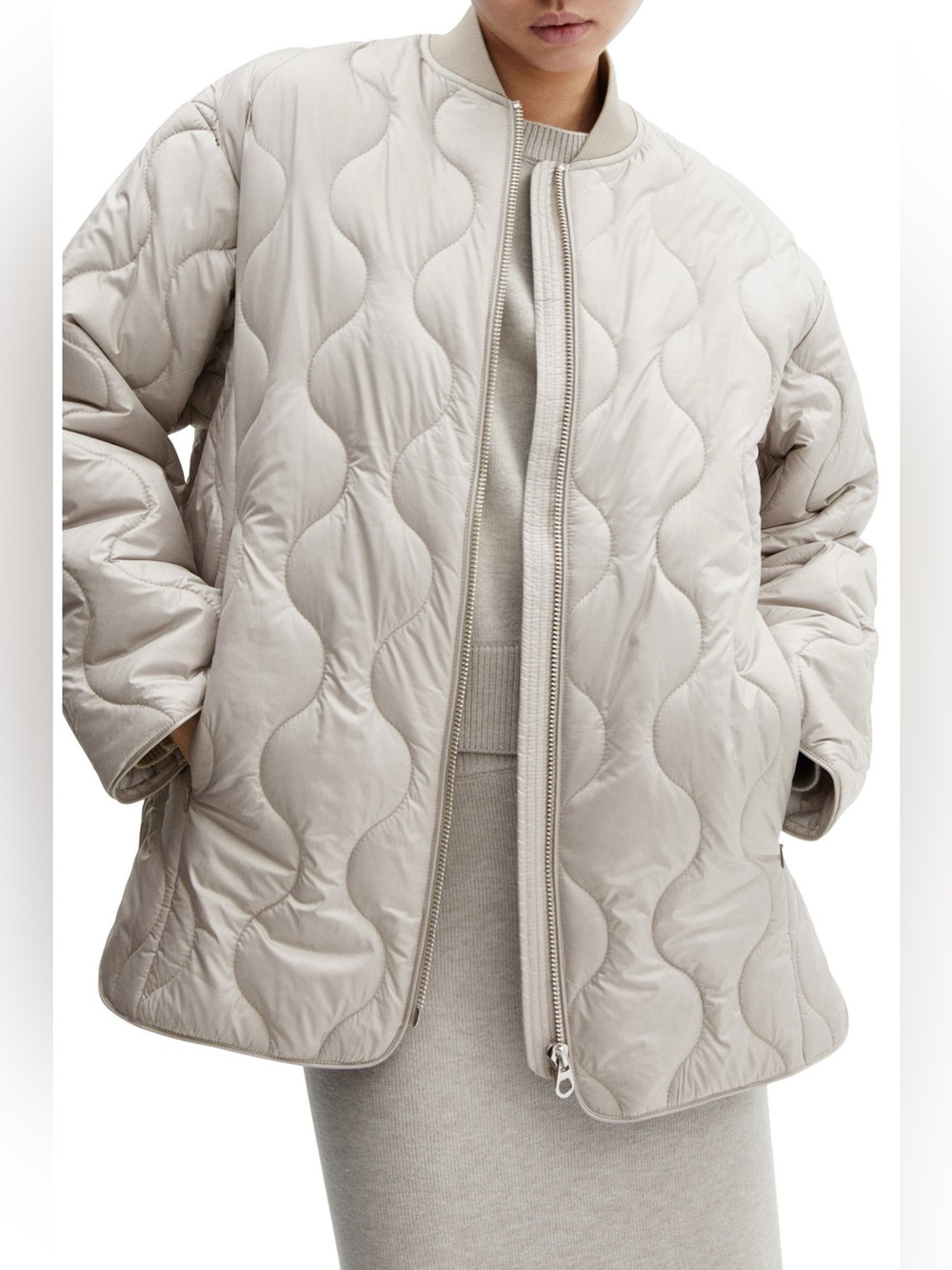 Mango MNG Water Repellent Quilted Oversized Jacket Size XL Silver